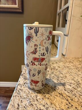 HydroJug White Travel Mug with Red & Navy Western Cow Print